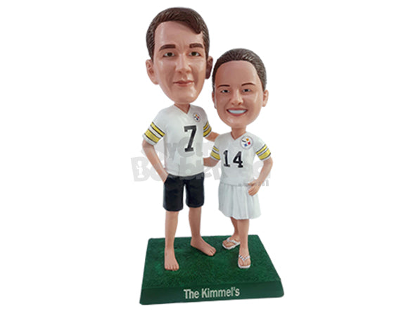 Custom Bobblehead Happy couple wearing their teams favorite jerseys with shorts and skirt - Wedding & Couples Couple Personalized Bobblehead & Action Figure