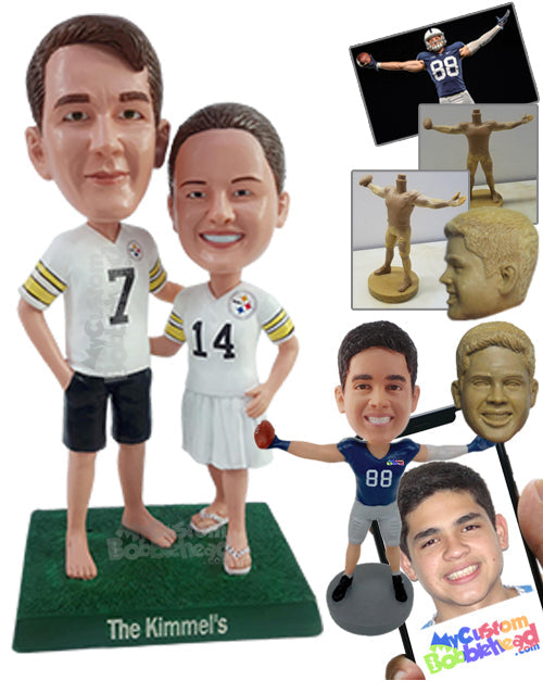 Happy Couple Wearing Their Team's Favorite Jerseys with Shorts and Skirt Personalized Bobblehead