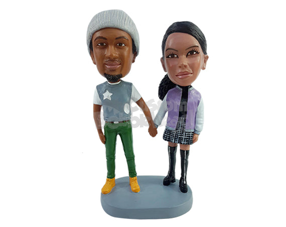 Custom Bobblehead Very fashionable couple wearing trendy outfit and holding hands - Wedding & Couples Couple Personalized Bobblehead & Action Figure