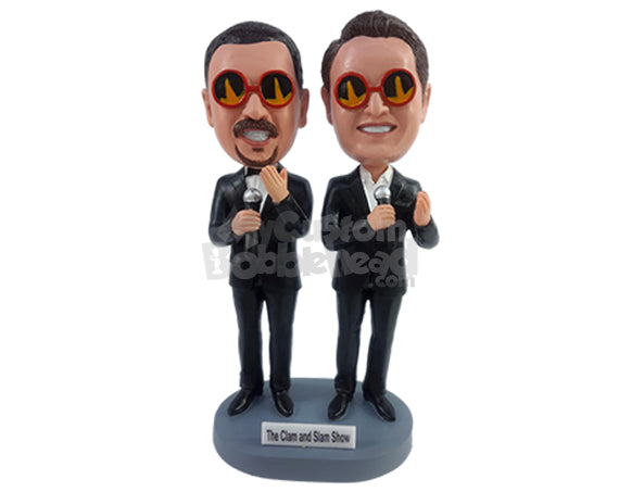 Custom Bobblehead Stand up comedians partners holding mics and wearing nice elegant suits - Wedding & Couples Same Sex Personalized Bobblehead & Action Figure