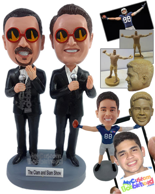 Stand up comedians partners holding mics and wearing nice elegant suits Personalized Bobblehead