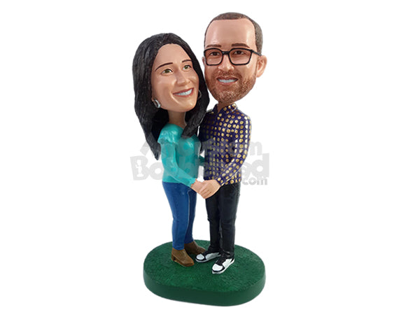 Custom Bobblehead Happy looking couple facing each other wearing nice shirts and shoes for the occasion - Wedding & Couples Couple Personalized Bobblehead & Action Figure