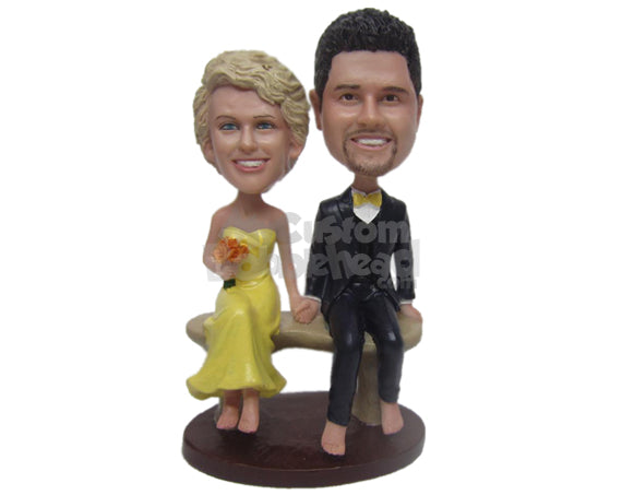 Custom Bobblehead Gorgeous Wedding Couple Sitting On A Bench - Wedding & Couples Bride & Groom Personalized Bobblehead & Cake Topper