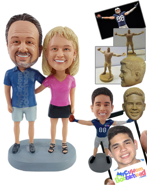 Loving couple wearing nice casual shirts, shorts, and a skirt Personalized Bobblehead