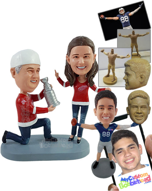 Funny Trophy Presentation for His Wife, Wearing Same Jerseys and Pants, and Female Showing Middle Finger Personalized Bobblehead