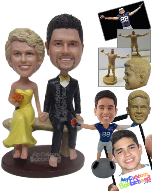 Gorgeous Wedding Couple Sitting on a Bench Personalized Bobblehead