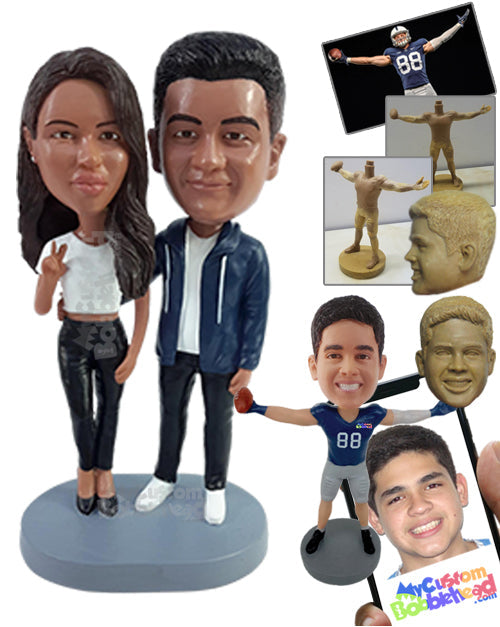 Stylish couple making a peace sign wearng nice clothing Personalized Bobblehead