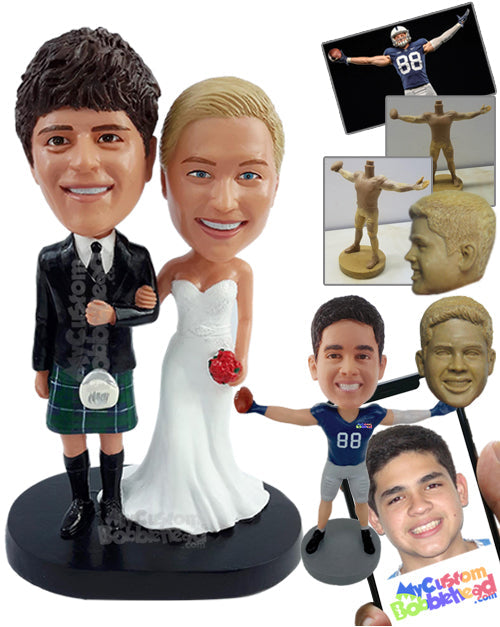 Happy Couple with the Groom in a Classic Scottish Garment and Bride with a Nice Dress and Flower Bouquet Personalized Bobblehead