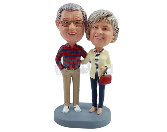 Custom Bobblehead Jovious couple wearing nice clothe with one hand inside the pocket and a hand purse - Wedding & Couples Couple Personalized Bobblehead & Action Figure