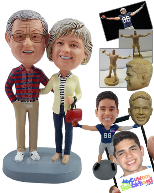 Jovious couple wearing nice clothes, with one hand inside the pocket and a hand purse Personalized Bobblehead