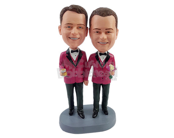 Custom Bobblehead Happy gay couple wearing beautifull suits holding a cup and flowers - Wedding & Couples Couple Personalized Bobblehead & Action Figure