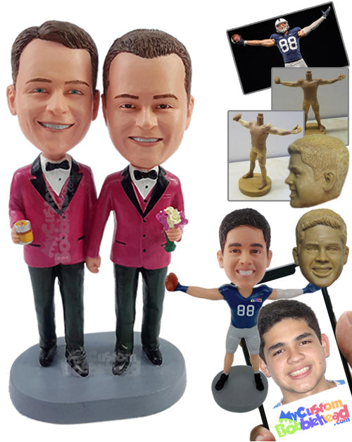 Happy Gay Couple Wearing Beautiful Suits, Holding a Cup and Flowers Personalized Bobblehead