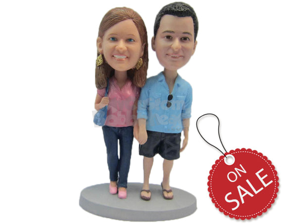 Custom Bobblehead Lovely Couple With Casual Attire Walking Holding Hands - Wedding & Couples Bride & Groom Personalized Bobblehead & Cake Topper