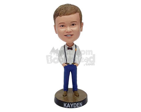 Custom Bobblehead Nice looking kid wearing a bow tie an suspenders - Wedding & Couples Groomsman & Best Men Personalized Bobblehead & Action Figure