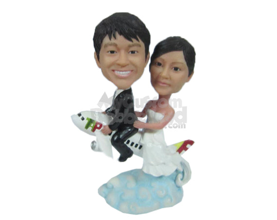 Custom Bobblehead Wedding Couple Off To Their Honeymoon Wearing Formal Attire - Wedding & Couples Bride & Groom Personalized Bobblehead & Cake Topper