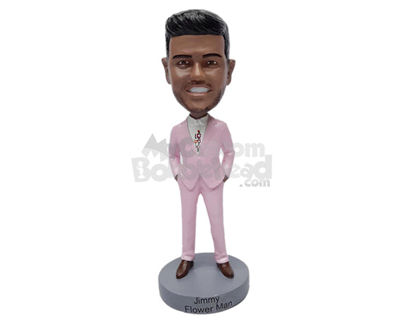 Custom Bobblehead Nice looking flowerman wearing nice suit with both hands inside pockets - Wedding & Couples Groomsman & Best Men Personalized Bobblehead & Action Figure