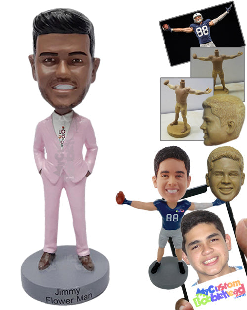 Nice looking flowerman wearing a nice suit, with both hands inside pockets Personalized Bobblehead