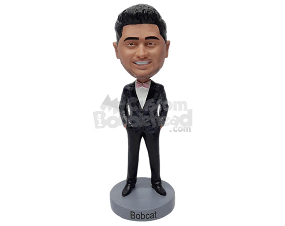 Custom Bobblehead Nice looking groomsman wearing a cool bowtie with hands inside pocket - Wedding & Couples Groomsman & Best Men Personalized Bobblehead & Action Figure