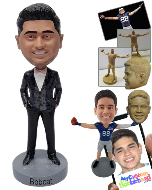 Nice looking groomsman wearing a cool bowtie, with hands inside the pocket Personalized Bobblehead