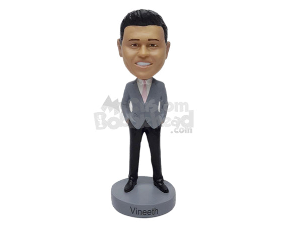 Custom Bobblehead Good looking bestman in a nice suit and hands inside pckets - Wedding & Couples Groomsman & Best Men Personalized Bobblehead & Action Figure