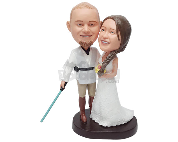 Custom Bobblehead Cool looking couple wearing nice space suit with a laser sword and beautiful dress - Wedding & Couples Couple Personalized Bobblehead & Action Figure