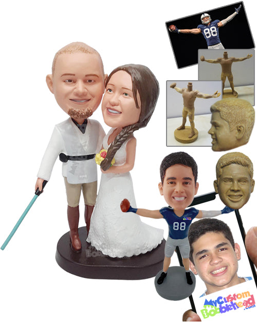 Cool Looking Couple Wearing Nice Space Suit with a Laser Sword and Beautiful Dress Personalized Bobblehead