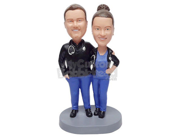 Custom Bobblehead Doctor couple wearing medical outfits and jackets - Wedding & Couples Couple Personalized Bobblehead & Action Figure