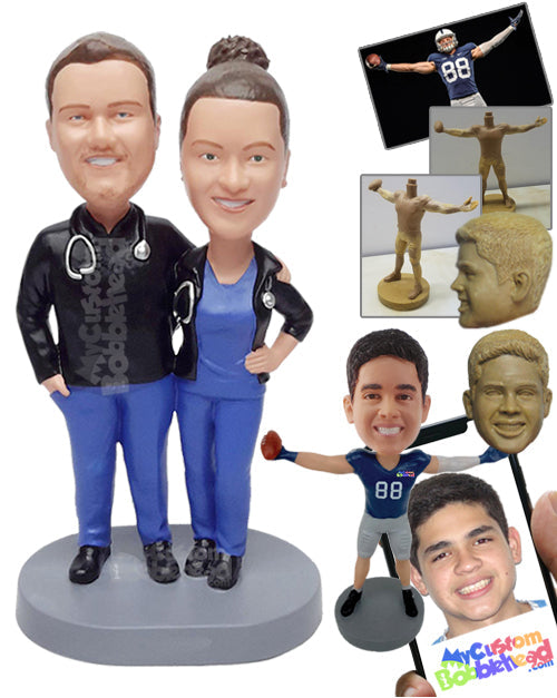 Doctor Couple Wearing Medical Outfits and Jackets Personalized Bobblehead