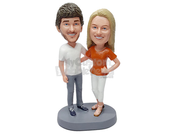 Custom Bobblehead Young love couple wearing v-neck shirts and capri pants and sandals - Wedding & Couples Couple Personalized Bobblehead & Action Figure