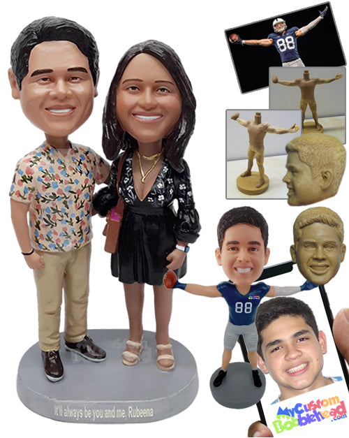 Jovious couple wearing nice shirts and a nice dress, with a shoulder purse on the side Personalized Bobblehead