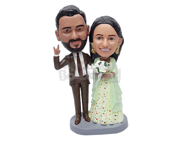 Custom Bobblehead Cool couple making a rock and roll sign and female on a beautiful long dress - Wedding & Couples Couple Personalized Bobblehead & Action Figure