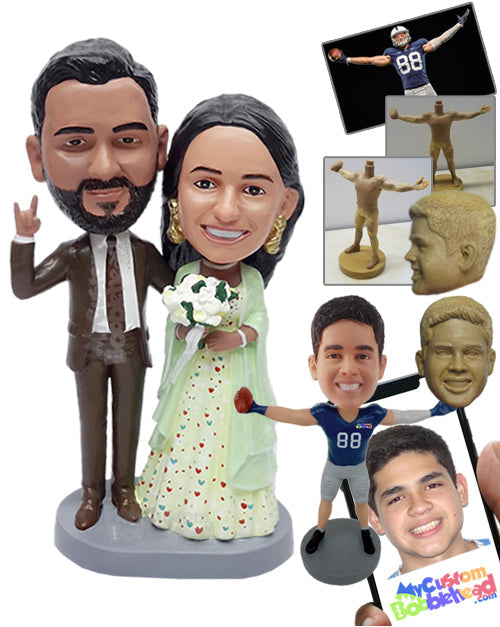 Cool Couple Making a Rock and Roll Sign, Female on a Beautiful Long Dress Personalized Bobblehead