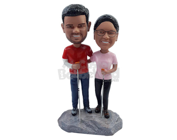 Custom Bobblehead Hiking couple wearing shirts and hiking boots  - Wedding & Couples Couple Personalized Bobblehead & Action Figure