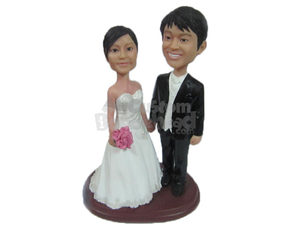 Custom Bobblehead Wedding Couple Holding Hands Wearing Bridal Attire - Wedding & Couples Bride & Groom Personalized Bobblehead & Cake Topper