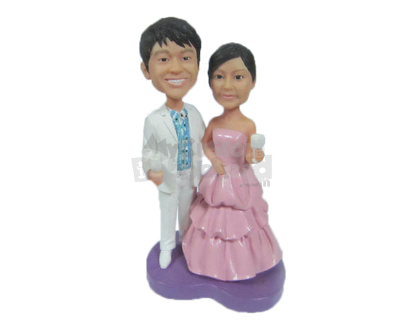 Custom Bobblehead Wedding Couple In Formal Attire Celebrating Their Wedding Having A Glass Of Wine - Wedding & Couples Bride & Groom Personalized Bobblehead & Cake Topper