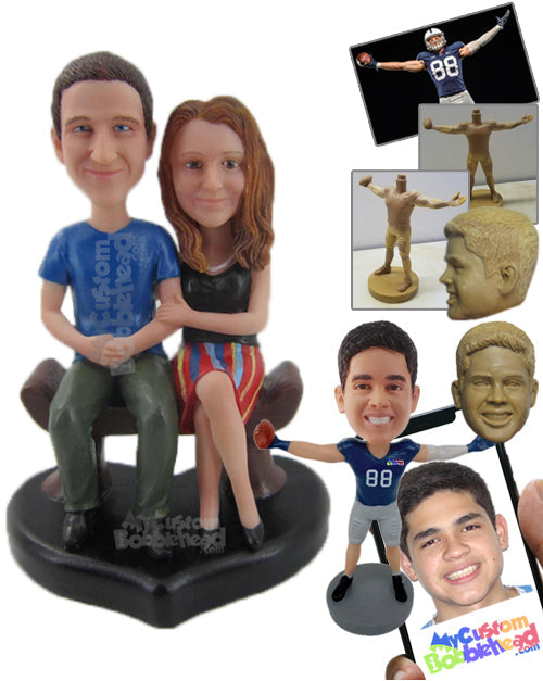 Couple Sitting on Bench Wearing Casual Outfit Ready for a Picture Personalized Bobblehead