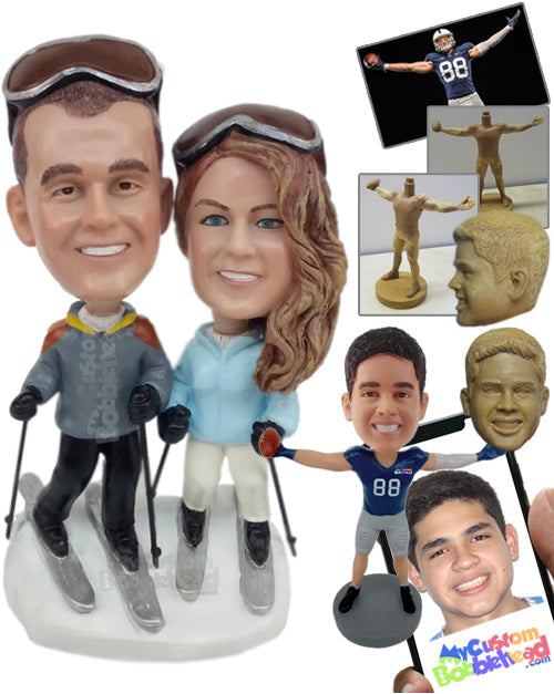 Ice Skiing Couple Wearing Fancy Winter Tracksuits Personalized Bobblehead