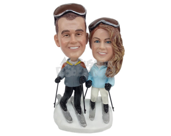 Ice Skiing Couple Wearing Fancy Winter Tracksuits Personalized Bobblehead