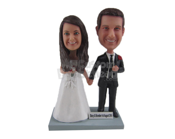 Custom Bobblehead Just Married Wedding Couple In Wedding Attire Holding Hands - Wedding & Couples Bride & Groom Personalized Bobblehead & Cake Topper