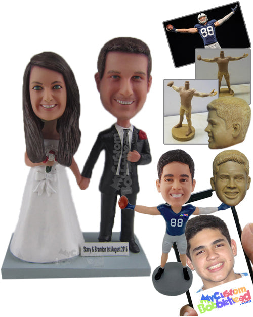 Just Married Wedding Couple in Wedding Attire Holding Hands Personalized Bobblehead