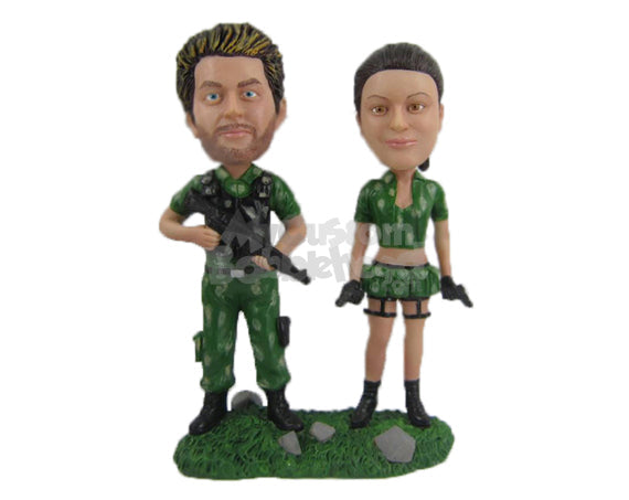 Custom Bobblehead Jungle Army Couple In Their Uniform With Guns In Hand - Wedding & Couples Couple Personalized Bobblehead & Cake Topper