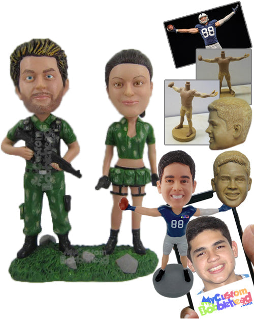 Jungle Army Couple in Their Uniform with Guns in Hand Personalized Bobblehead