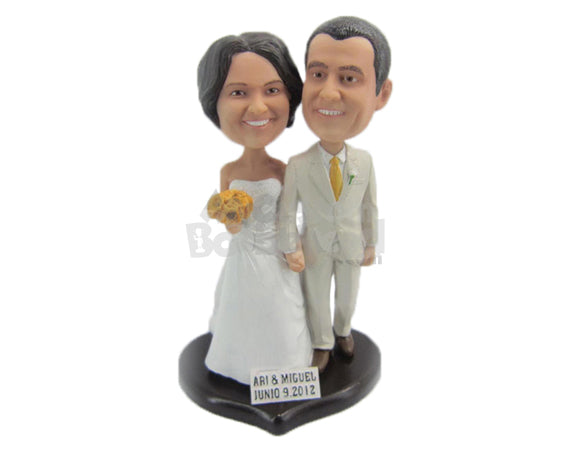 Custom Bobblehead Wedding Couple In Wedding Outfit Walking Down The Aile - Wedding & Couples Bride & Groom Personalized Bobblehead & Cake Topper