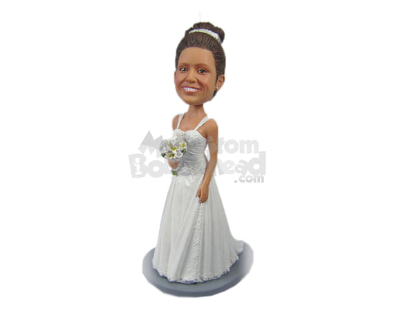 Custom Bobblehead Beautiful Bride In Gorgeous Gown Holding A Bouquet - Wedding & Couples Brides Personalized Bobblehead & Cake Topper