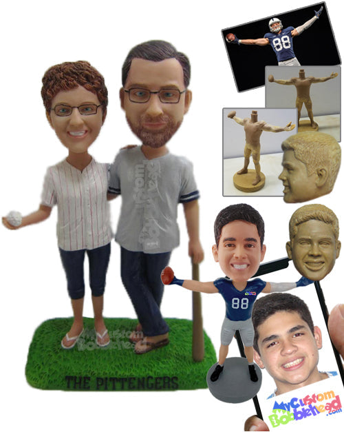 Baseball Loving Couple in Baseball Outfits with Bat and Ball in Hand Personalized Bobblehead