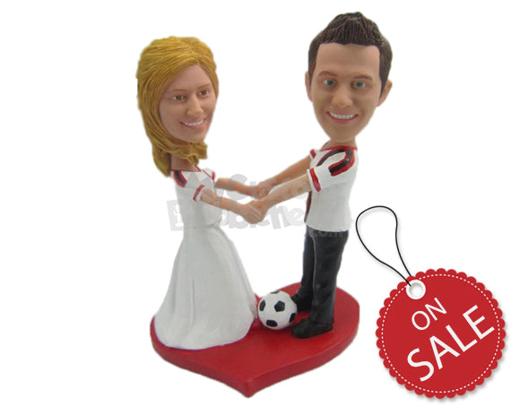 Custom Bobblehead Soccer Loving Couple Wearing Sports Attire - Wedding & Couples Couple Personalized Bobblehead & Cake Topper