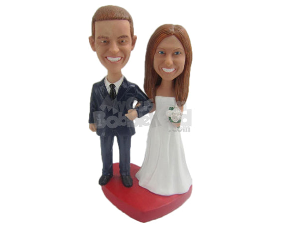 Custom Bobblehead Gorgeous Bride & Groom In Their Wedding Attire Holding Hands - Wedding & Couples Bride & Groom Personalized Bobblehead & Cake Topper