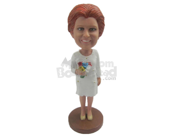 Custom Bobblehead Mother Of The Bride In Beautiful Gown Holding A Bouquet - Wedding & Couples Father Of The Bride Personalized Bobblehead & Cake Topper