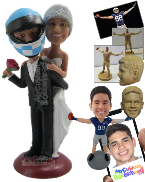 Groom Caring Bride on the Back Ready to Tie the Knot Personalized Bobblehead