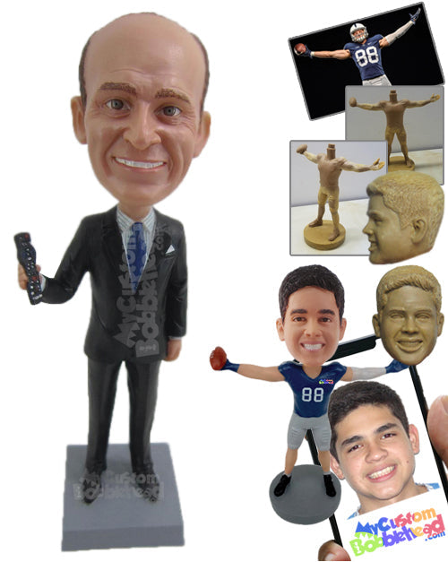 Corporate Man Wearing Stylish Formal Attire Holding a TV Remote Control Personalized Bobblehead